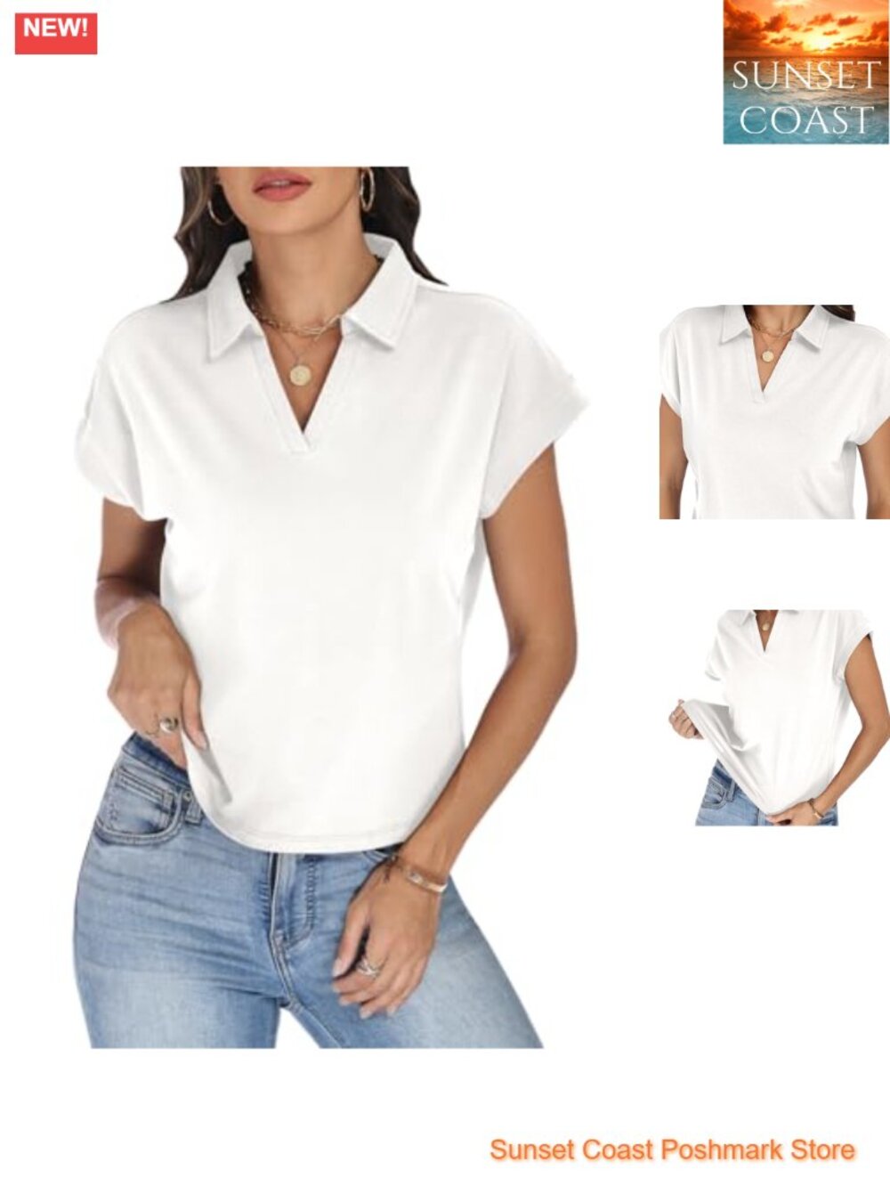 Women's Cotton Crop Top Collared V Neck Cap Sleeve Polo Shirt
